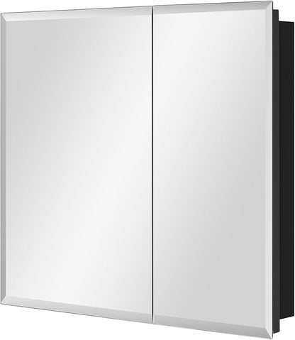 Black Bathroom Medicine Cabinet with Beveled Edge Mirrored Door 30 x 26 inch, Recessed or Surface Mount, with Adjustable Glass Shelves