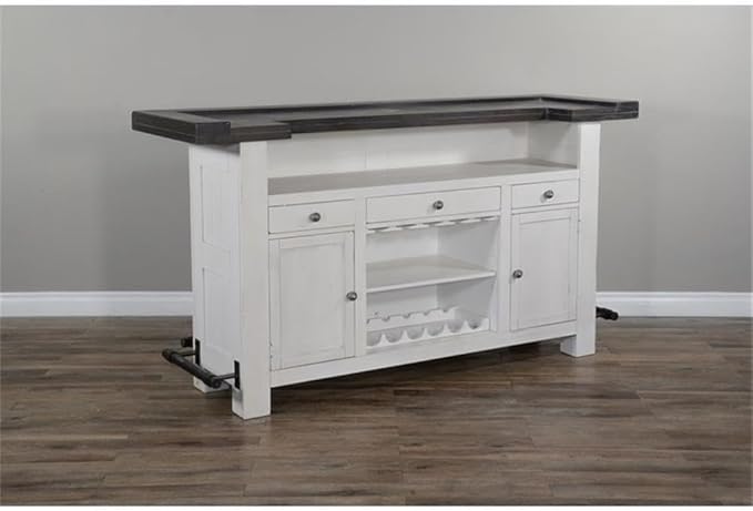 Sunny Designs Carriage House 78" Farmhouse Wood Bar Unit with Sides and Front Foot Rail, Removable Wine Storage Rack, Stemware Rack, Adjustable Shelves, in Dark Brown & White Finish