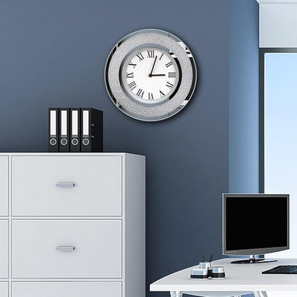 DMDFIRST Bling Silver Round Mirror Clock 12inch. Glam Sparkle Twinkle Shining Mirrored Wall Clock for Wall Decoration Silver Glass Mirror Home Decor. AA Battery is not Included.