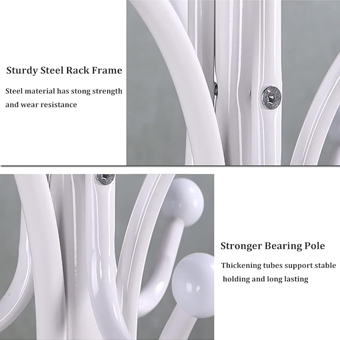 Kertnic Metal Coat Rack Stand with Natural Marble Base, Free Standing Hall Tree with 12 Hooks for Hanging Scarf, Bag, Jacket, Home Entry-way Hat Hanger Organizer (White)
