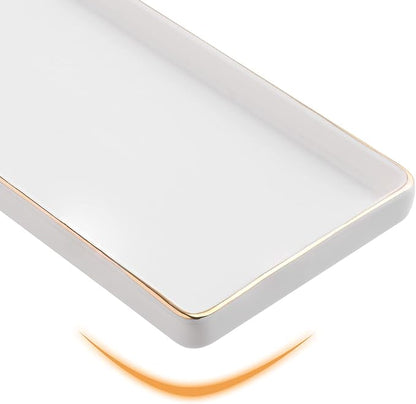 Gurygo 10" Bathroom Tray, Ceramic Vanity Trays for Bathroom, Small Ceramic Tray, Kitchen Soap Trays for Kitchen Counter (White with Gold-Edged, 10",Set/1)