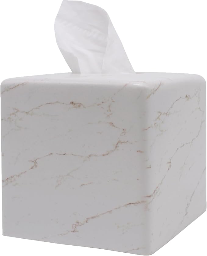 Marble Tissue Box Cover Square Decorative Stone Klenex Box Holder for Bathroom & Living Room with Handcrafted Texture (Marble-B)