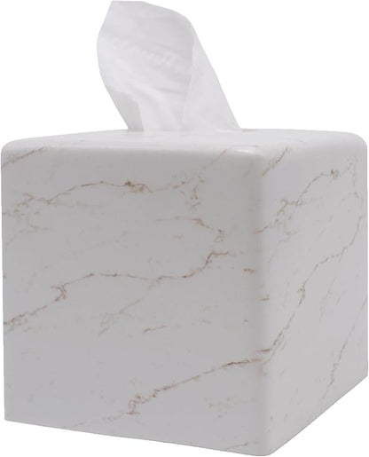 Marble Tissue Box Cover Square Decorative Stone Klenex Box Holder for Bathroom & Living Room with Handcrafted Texture (Marble-B)