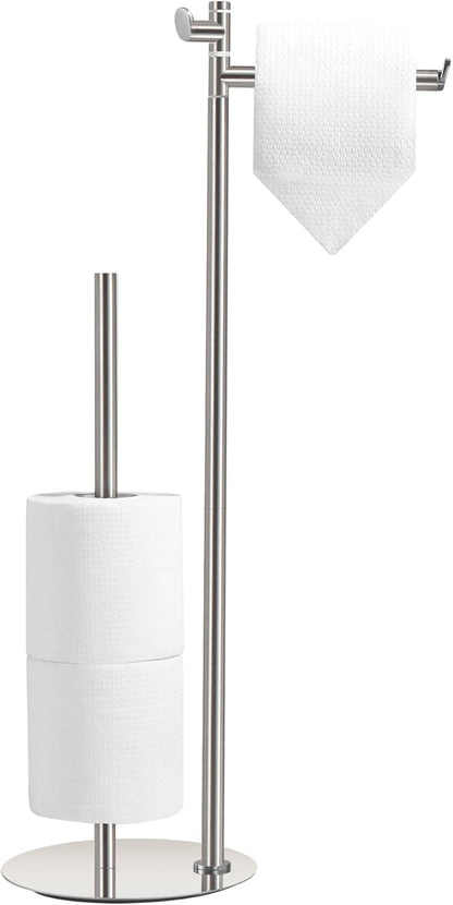 BVL Toilet Paper Holder Stand with Hook, Brushed Nickel Stainless Steel 304 Weighted Toilet Paper Holder Stand, Bathroom Freestanding Toilet Paper Holder Holds 5 Rolls