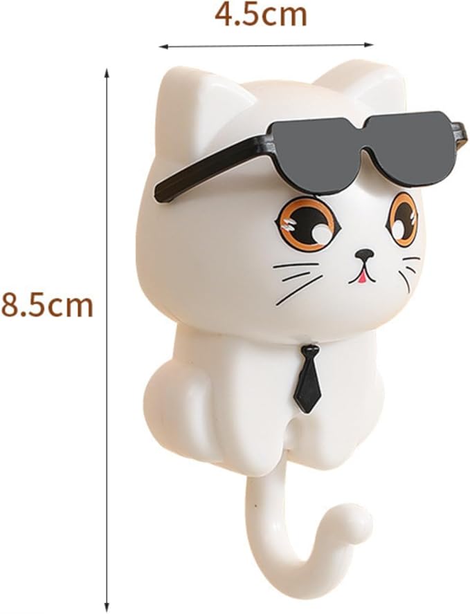 Cat Key Holder for Wall with Sunglasses, No Drill Adhesive Hooks 4 Pack for Keys, Hats, Coats & Towels, Cute Cartoon Cat Wall Decor for Apartment, Kitchen, Office and Bathroom Organization