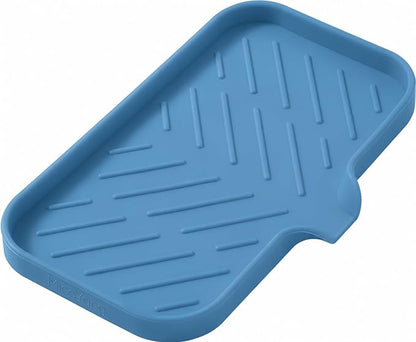 MicoYang Silicone Soap Dish with Drain Spout — Self-Draining Sink Organizer Tray for Bathroom & Kitchen, Sponges, Dispensers & Soap Holder, Non-Slip & Dishwasher Safe, Lichen Blue (Medium, 9.6"×5.3")