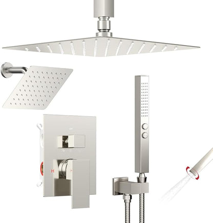Shower Faucet Set Brushed Nickel Shower System,Bostingner Five Function Diverter Shower Faucet with 2 in 1 Handheld,10'' Ceiling Mount and 6’‘ Wall Mount Shower Head Rainfall Shower Set with Valve