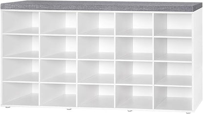 DINZI LVJ Shoe Storage Bench, 20-Cubby Shoe Rack Bench with Cushion, Fully Adjustable Shelves, Shoe Organizer for Closet, Entryway, Mudroom, Hallway and Garage, White
