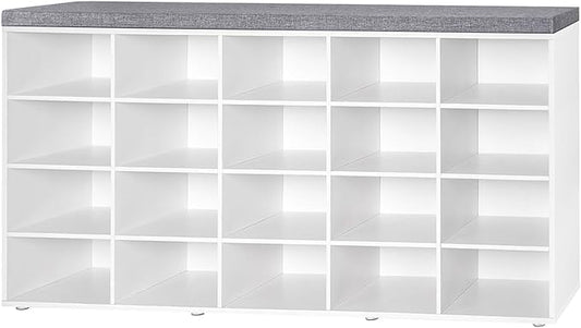 DINZI LVJ Shoe Storage Bench, 20-Cubby Shoe Rack Bench with Cushion, Fully Adjustable Shelves, Shoe Organizer for Closet, Entryway, Mudroom, Hallway and Garage, White