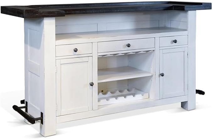 Sunny Designs Carriage House 78" Farmhouse Wood Bar Unit with Sides and Front Foot Rail, Removable Wine Storage Rack, Stemware Rack, Adjustable Shelves, in Dark Brown & White Finish