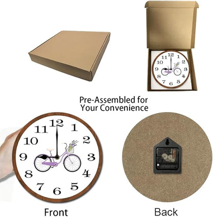 Purple Bicycle Wall Clock 10 Inch Wooden Battery Operated Autumn Forest Maple Leaves Wall Clocks Decorative Indoor,Decorative for Kitchen Bathroom Bedroom