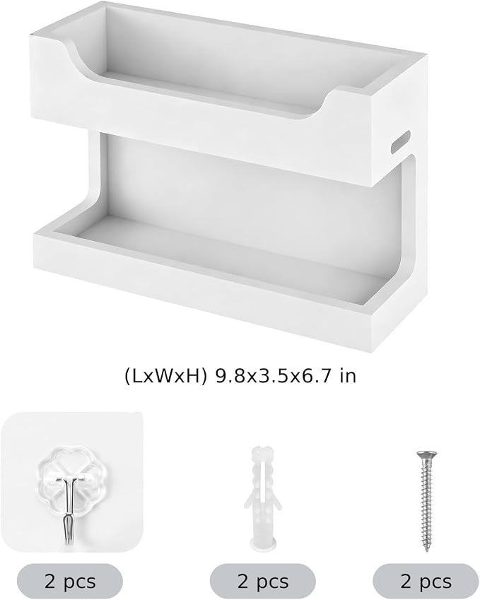 Wooden Bedside Caddy, Wall Mounted Shelf with Dual Storage Layers, Bedside Accessories Organizer with Charging Port for Phone, Remote, Earphone, Glasses