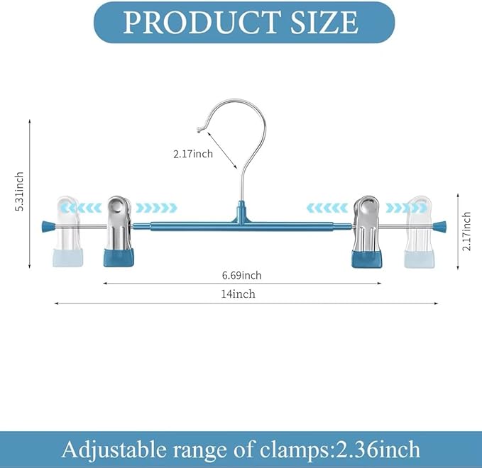 14Inch 30PACK Pants Hangers with Clips Adjustable Skirt Hangers for Women Metal Non-Slip Trousers Hanger Heavy Duty Space Saving Clothes Hanger for Shorts,Jeans,Blue
