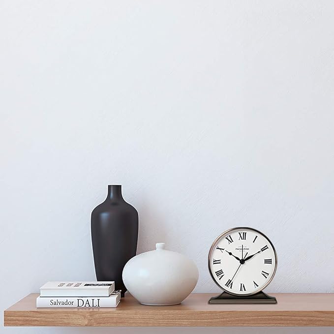 Presentime & Co Lewis Mantel Alarm Clock, Desk and Shelf Clock, Tabletop Decoration, 5.5 x 5 inch, Silent no Ticking, Metal Base, Bronze Finish, Roman Numeral