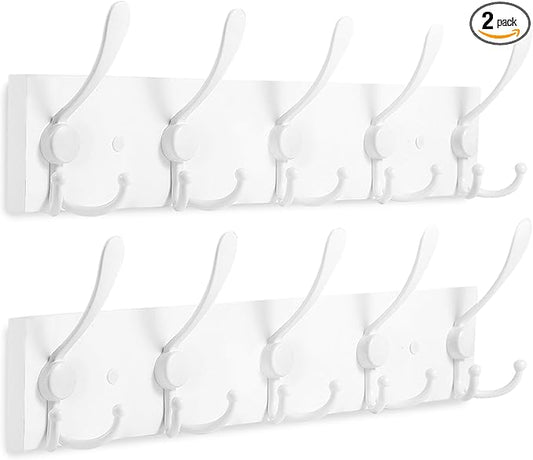 Kuhome 2pcs Coat Rack Wall Mount Coat Hooks Wooden Hat Rack for Wall Hooks Pine Real Wood Plank 16.9" White Coat Hanger with 5 White Triple Hooks for Hanging Coat Hat Jacket