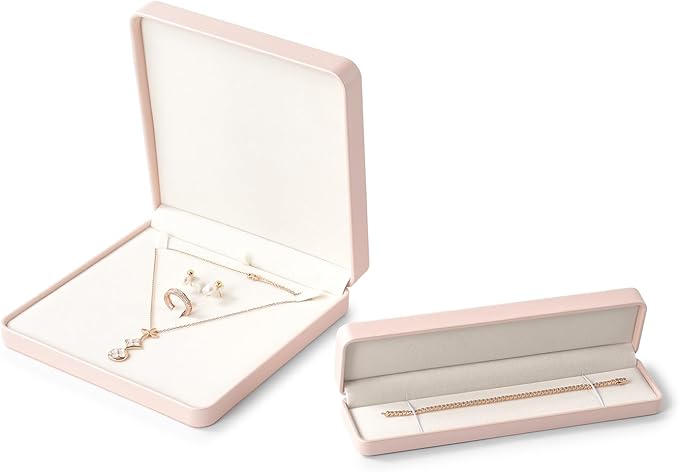 Oirlv Luxury Leather Long Chain Bracelet Necklace Storage Box Velvet Interior Gift Case, Premium Gorgeous Jewelry Display Box for Wedding,Engagement,Proposal,Birthday(Pink)