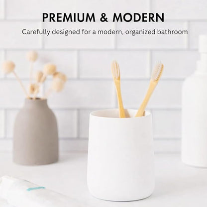 Yew Design Matte White Toothbrush and Toothpaste Holder and Cup for Bathroom Vanity and Countertop, Round Organizer for Electric Toothbrushes, Floss, Razors, Cotton, and Mouthwash