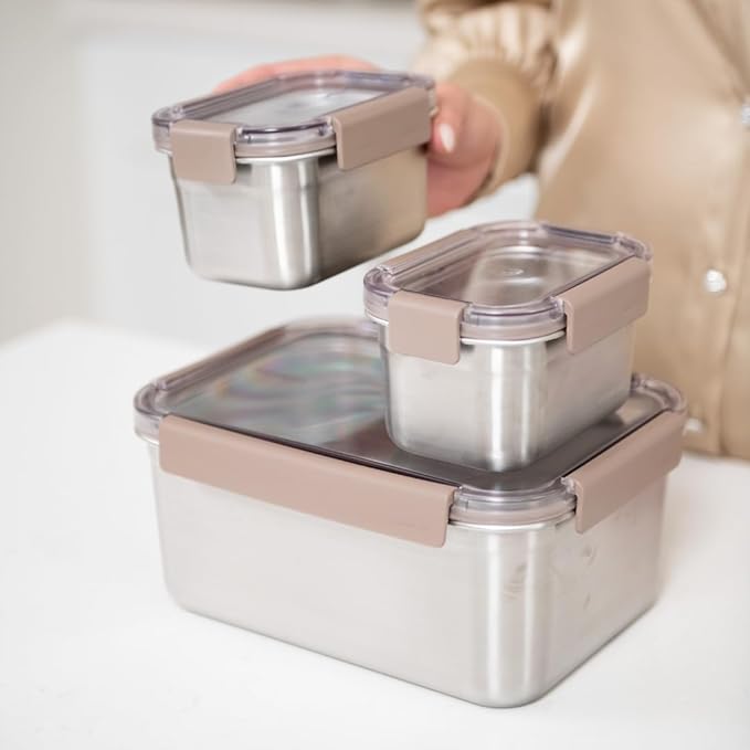 LocknLock Stainless Steel Food Storage Containers with Lids, Metal Lunch Boxes, Leak-Proof, Microwave, Freezer and Dishwasher Safe, 3-Piece Set, 1 x 520ml and 2 x 1400ml