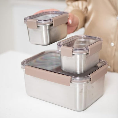 LocknLock Stainless Steel Food Storage Containers with Lids, Metal Lunch Boxes, Leak-Proof, Microwave, Freezer and Dishwasher Safe, 3-Piece Set, 1 x 520ml and 2 x 1400ml