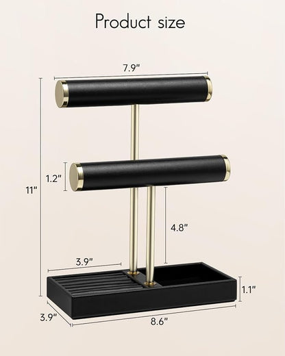VLANDO 2 Tier Bracelet Holder Organizer with Tray - Leather Jewelry Stand Organizer for Women - Jewelry Holder Display for Necklace, Watches, Rings, Earrings, Bangle, Scrunchie - Black