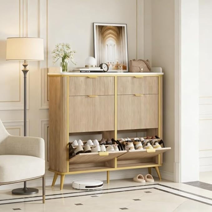 Shoe Cabinet with 4 Flip Drawers and 2 Drawers, Modern Fluted Wood Shoe Storage with Adjustable Shelves, Narrow Slim Shoe Organizer for Entrance, Foyer, Hallway, Nature Oak
