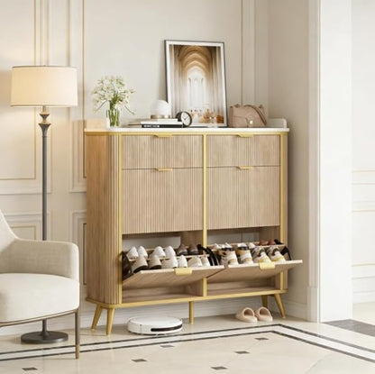 Shoe Cabinet with 4 Flip Drawers and 2 Drawers, Modern Fluted Wood Shoe Storage with Adjustable Shelves, Narrow Slim Shoe Organizer for Entrance, Foyer, Hallway, Nature Oak