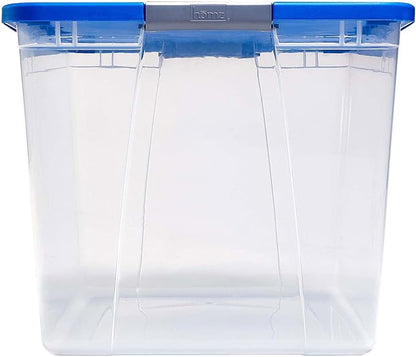 HOMZ Clear Plastic Storage Bins with Snaplock Secure Latching Lids | Easy Grip Handles | Stackable & Nestable Organizing Totes | Blue Lid | 64 Quart, Pack of 2