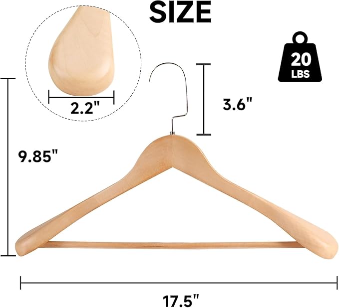 2-Pack Premium Wide Shoulder Wooden Suit Hangers, 17.5" Heavy-Duty Solid Wood Coat Hangers with Pant Bar for Men's Heavy Garments, Blazers, Jackets (Natural Wood)