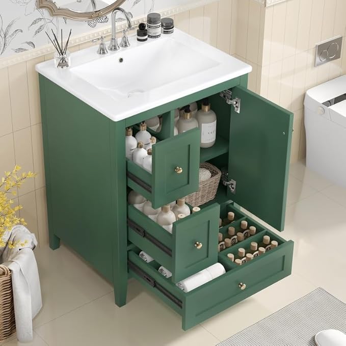Merax 24 inch Bathroom Vanity with Drawers, Modern White Vanity for Small Bathroom with Adjustable Shelf & Removable Dividers, Easy to Clean Glossy Finish, Dark Green