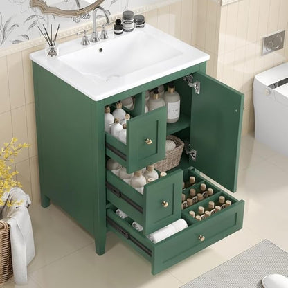 Merax 24 inch Bathroom Vanity with Drawers, Modern White Vanity for Small Bathroom with Adjustable Shelf & Removable Dividers, Easy to Clean Glossy Finish, Dark Green
