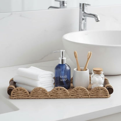 CubesLand Bathroom Toilet Paper Tray Organizer, Scalloped Decorative Tray w/Wood Handle for Counter, Shelves, Wicker Tray for Farmhouse Rustic Home Decor, Coffee Table Decor, Seasonal Decor, Neutral