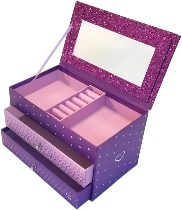 Girls' Purple Glitter Jewelry Box with Mirror and Compartments, 8.5 x 5 x 5 inches