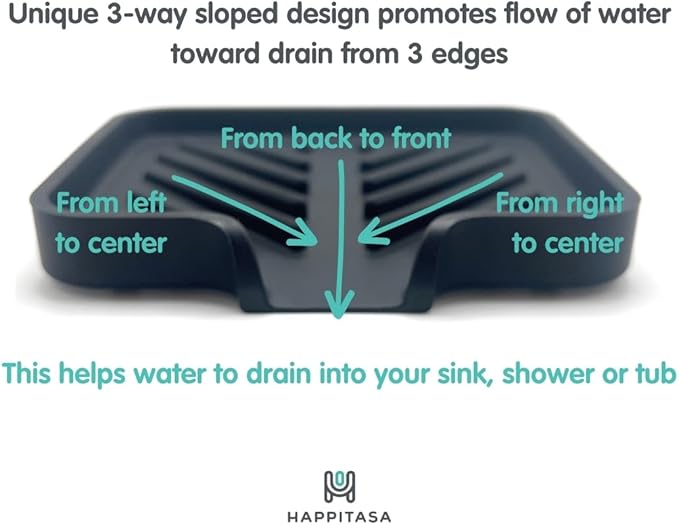 Happitasa Silicone Soap Dish Tray and Sponge Holder with Drain Chute and Feet | 3-Way Sloped Design | Bathroom and Kitchen Sink Organizer Caddy (Smoky Blue, 5"x4")