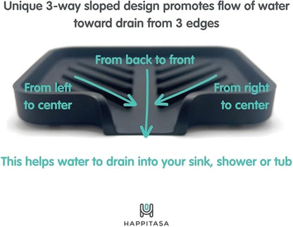 Happitasa Silicone Soap Dish Tray and Sponge Holder with Drain Chute and Feet | 3-Way Sloped Design | Bathroom and Kitchen Sink Organizer Caddy (White, 5"x4")