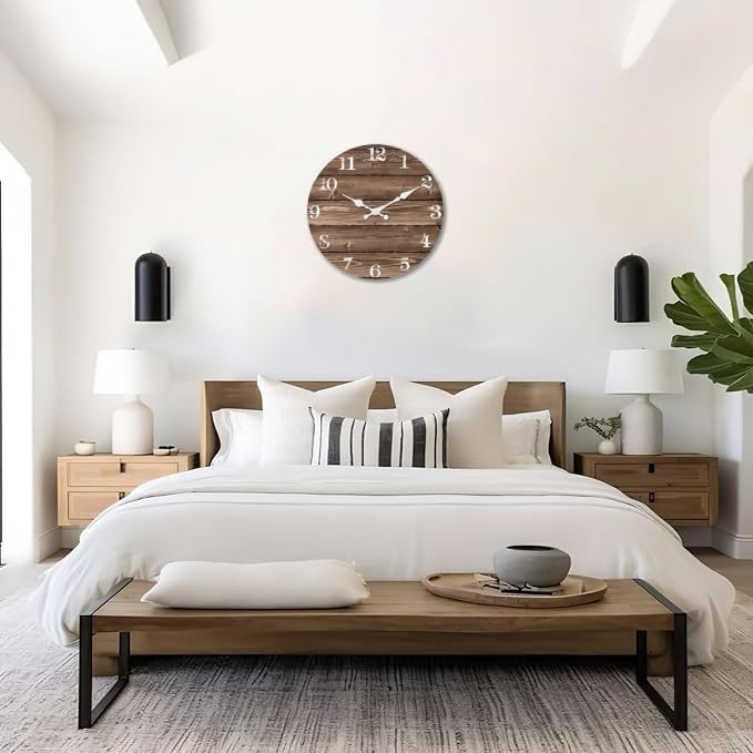 XFM Brown Wooden Wall Clock 10 Inch Silent Wall Clocks Battery Operated Decorative Farmhouse Small Rustic Wall Clock for Kitchen Living Room Office