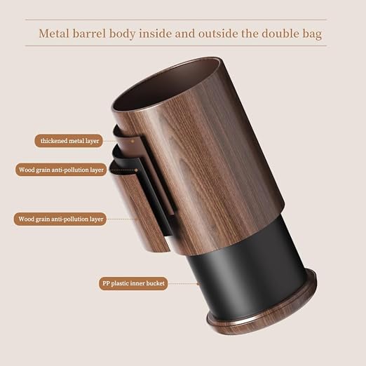 8L/2.1GAL Dark Brown Modern Metal Waste Bin with Realistic Wood Texture,Built-in Bag Holder,Office Trash Can,Open-Top Trash Bin,for Bathroom,Home,Office,Living Room (2.1gal Round)