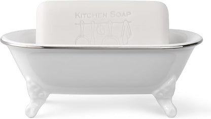 6.5" Ceramic Mini Decorative Clawfoot Bathtub Bar Soap Dish, Kitchen Sponge Holder and Shower Tray for Bathroom, 1 Pack (White Silver Rim)