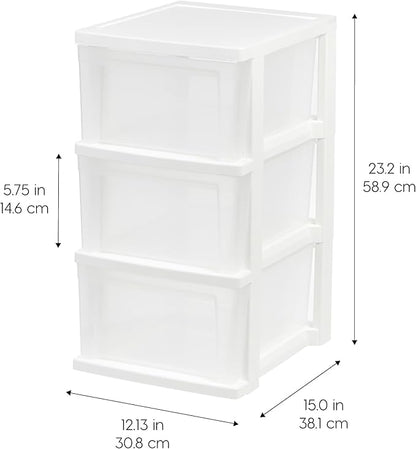 IRIS USA Plastic Drawer Storage Organizer, 3-Drawers, 2-Pack, for Classroom Art Craft Supplies, Bathroom Bedroom, Laundry Room, White/Clear