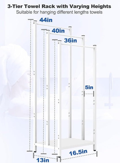 44 Inch Tall Free Standing Towel Rack with Metal Storage Shelf & 6 Hooks for Bathroom, 3 Tiers Heavy Duty Blanket Drying Stand Holder for Outdoor Pool, Bedroom, Living Room, White