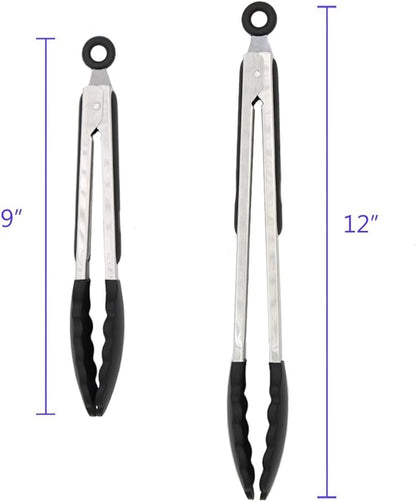 2 Pack Black Kitchen Tongs, Premium Silicone BPA Free Non-Stick Stainless Steel BBQ Cooking Grilling Locking Food Tongs, 9-Inch & 12-Inch