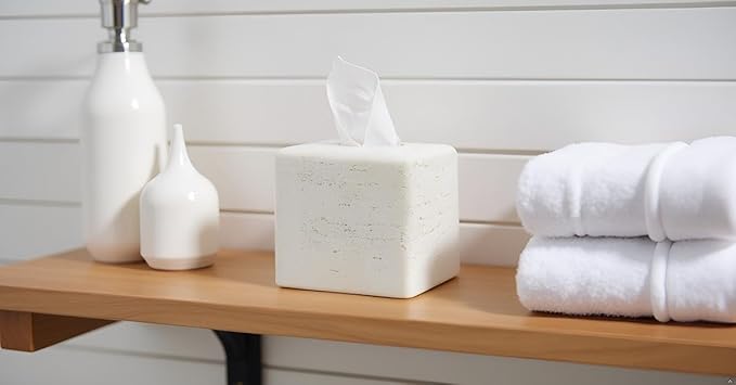 Travertine Tissue Box Cover Square Decorative Stone Klenex Box Holder for Bathroom & Living Room with Handcrafted Texture (Light White)