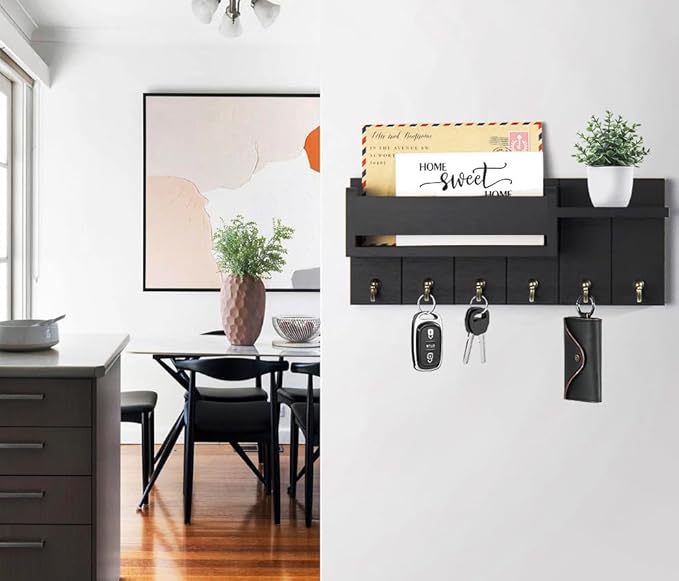 Key Holder Wall Mount - Decorative Key Rack and Mail Organizer with 6 Key Hooks - Wooden Key Hanger with Shelf for Living Room Decor - Rustic Farmhouse Home Entryway Aesthetic Essentials