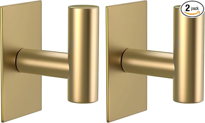 VAEHOLD Wall Towel Hooks, Heavy Duty Sticky Holder Waterproof Towel Hooks for Hanging Coat, Clothes, Closet Hook Wall Mount for Kitchen (Gold, 2 Pack)