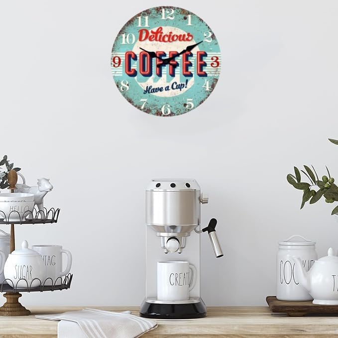 XFM Rustic Kitchen Wall Clock 10 Inch Blue Wooden Wall Clocks Silent Non-Ticking Battery Operated Retro Round Clocks for Cafes Bar Farmhouse Office