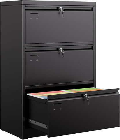 43.62" H Lateral File Cabinet 3 Drawer,Metal Wide Filing Cabinet with Locks and Business Card Slot for Home Office School Hanging Letter/Legal/F4/A4 Size Folders,Required Assembly,Black