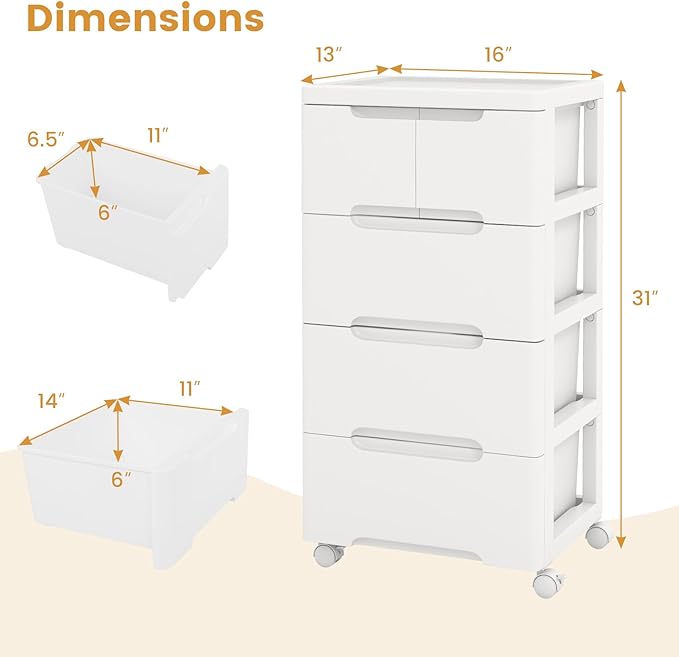 LOKO 5-Drawer Plastic Rolling Storage Cart, Mobile Storage Cabinet with 4 Universal Wheels, Vertical Storage Tower Container Unit for Living Room, Bedroom, Home Office, White (16”x13”x31” (5 Drawers))