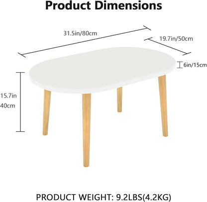 Oval Coffee Table Low Table with 4 Solid Wood Sturdy Legs,Floor Table Desk for Sitting on The Floor,19.7"D x 31.5"W x 16"H Inches,Living Room/Toy room Furniture,Rental house Furniture(White-Oval)
