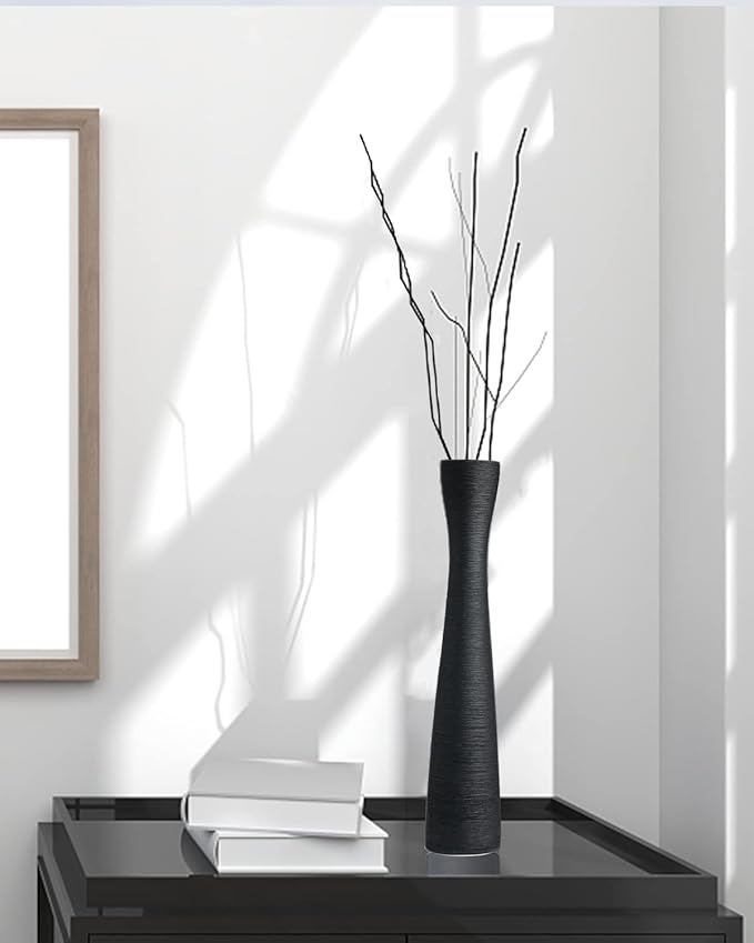 Black Tall Vase, 16 Inch Tall Slender Flower Vases, Handmade Brushed Ceramic Vase, Modern Minimalist Style Decor for Living Room, Home, Office, Centerpiece, Wedding Party - Matte Black