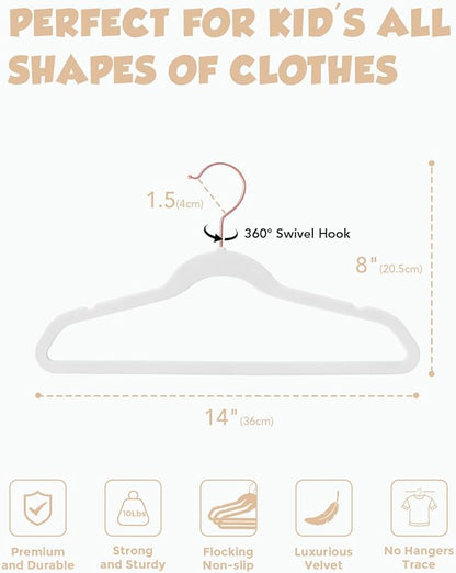 Smartor Kids Velvet Hangers 100 Pack, 14'' Inch Premium Non Slip Kids Felt Hangers for Closet, Space Saving Toddler Clothes Hanger for Youth's Childrens' Clothes (Rose Gold Hook)- White