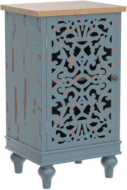 Sophia & William Small Accent Cabinet with Single Door, 31.5" Tall Side End Table, Distressed Nightstand with Hollow Carved Door, Blue